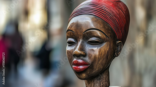  African Wooden Mask with Red Headwrap in Close-Up