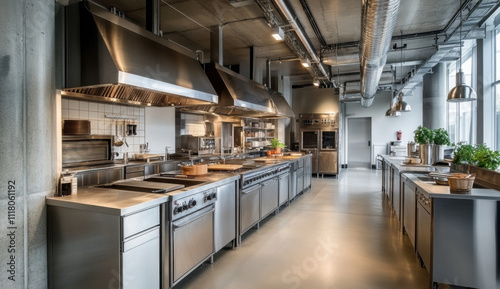 Modern empty restaurant kitchen equipped with high-grade stainless steel appliances, spacious countertops, and advanced professional tools, showcasing a clean, organized, and efficient