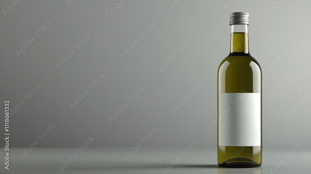A sophisticated olive oil bottle with blank labeling, photographed on a seamless grey background A sophisticated olive oil bottle with blank labeling, photographed on a seamless grey background