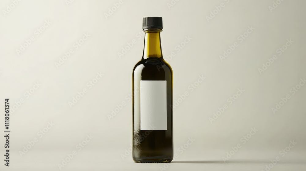A sophisticated olive oil bottle with blank labeling, photographed on a seamless grey background A sophisticated olive oil bottle with blank labeling, photographed on a seamless grey background