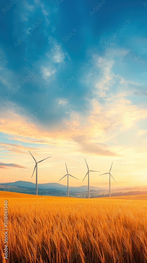 Fototapeta premium A serene landscape features wind turbines standing tall in a golden wheat field beneath a vibrant sky at sunset.