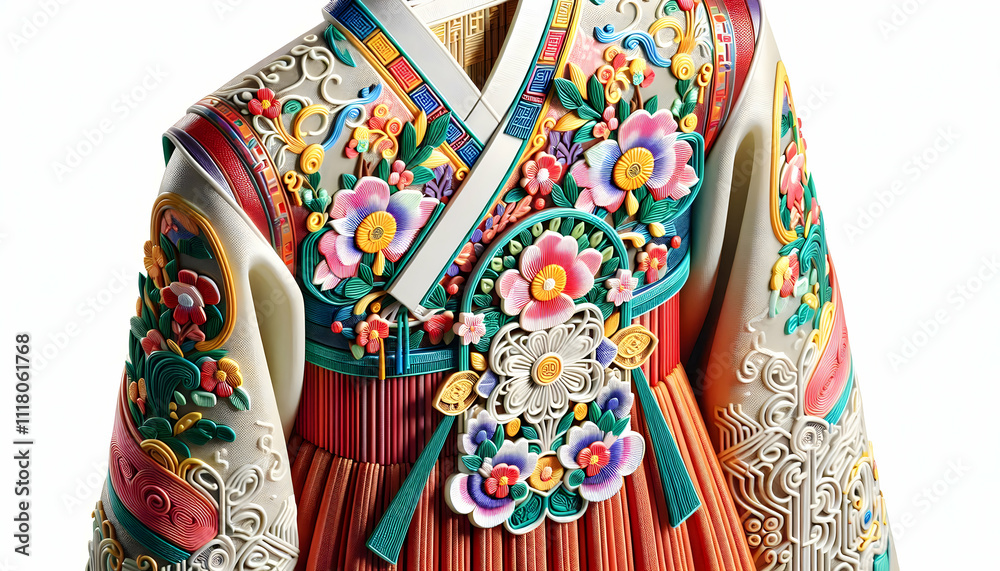 3D Macro Close up of Seollal Hanbok Details concept as A macro close up of the intricate embroidery and patterns on traditional Korean hanbok worn during Seollal showcasing vibrant colors and detailed 3D Macro Close up of Seollal Hanbok Details concept as A macro close up of the intricate embroidery and patterns on traditional Korean hanbok worn during Seollal showcasing vibrant colors and detailed