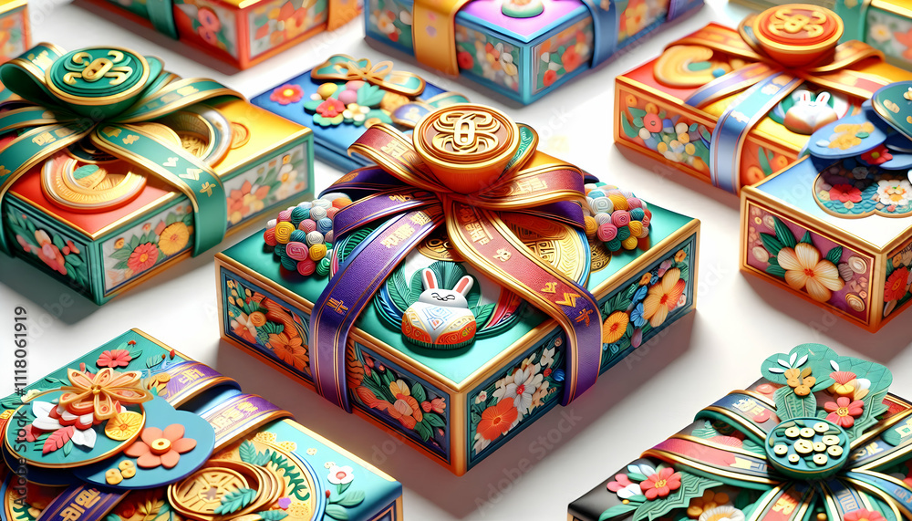 3D Macro Close up of Seollal Sebae Don Gifts concept as A macro close up of traditional sebae don (money gifts) wrapped in decorative envelopes during Seollal showcasing intricate designs and vibrant 3D Macro Close up of Seollal Sebae Don Gifts concept as A macro close up of traditional sebae don (money gifts) wrapped in decorative envelopes during Seollal showcasing intricate designs and vibrant