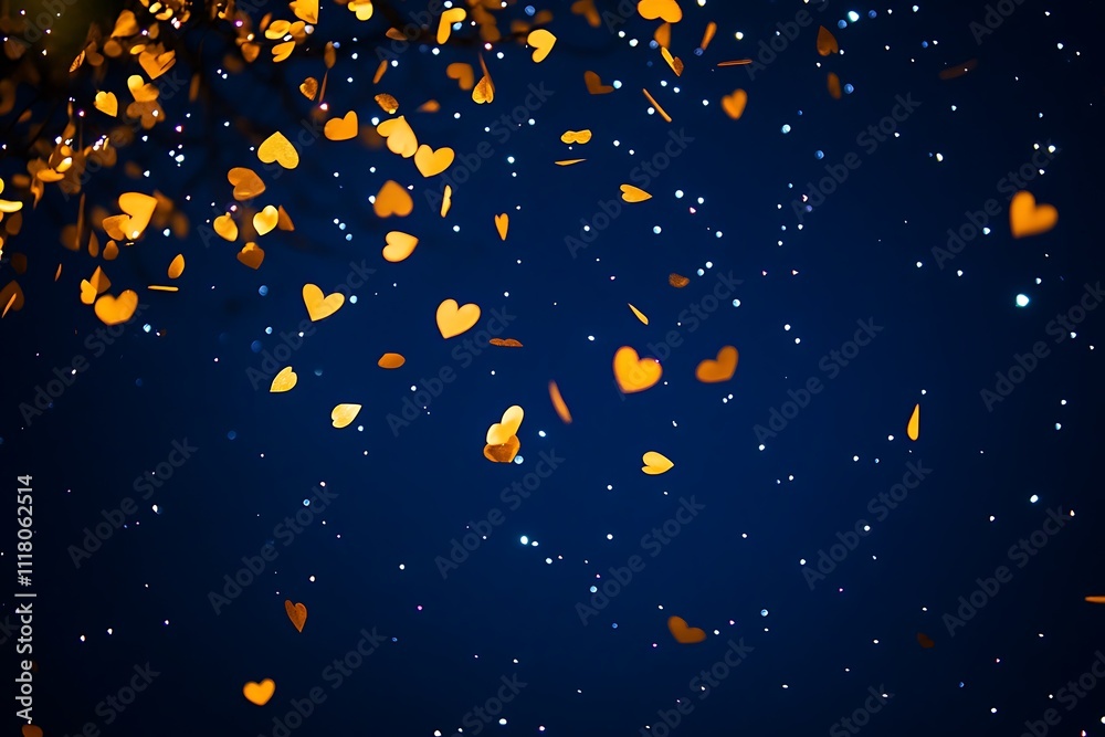 Golden hearts confetti falling against a dark blue starry night sky, creating a magical and romantic atmosphere. Golden hearts confetti falling against a dark blue starry night sky, creating a magical and romantic atmosphere.