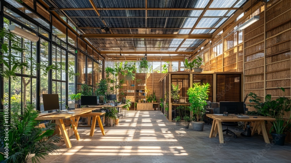Eco-friendly coworking space with solar panels visible on the roof, bamboo desks, and potted plants placed around the room Eco-friendly coworking space with solar panels visible on the roof, bamboo desks, and potted plants placed around the room