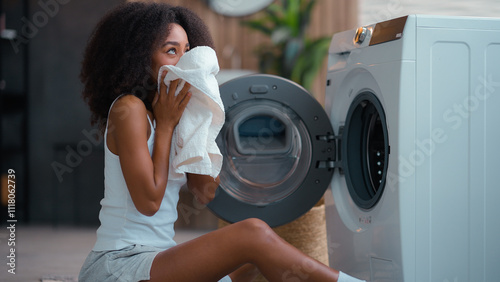Fotografie African American woman ethnic girl biracial female housewife householder with la