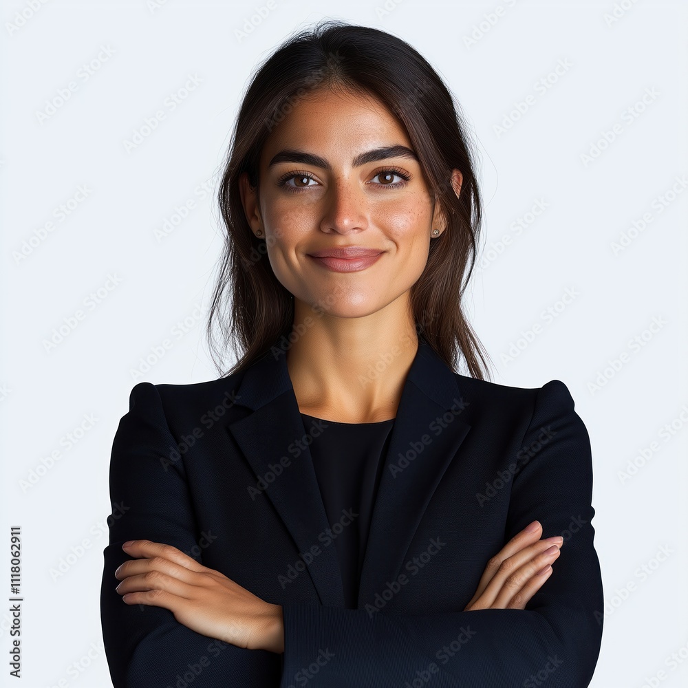 Confident businesswoman stands against transparent background. Professional female with arms crossed. Happy expression. Corporate style. Attractive woman. Successful woman. Potential for business Confident businesswoman stands against transparent background. Professional female with arms crossed. Happy expression. Corporate style. Attractive woman. Successful woman. Potential for business