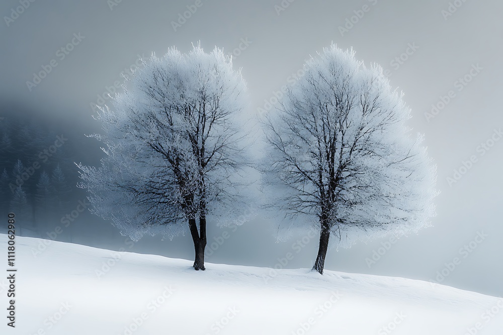 Two frosty trees stand tall in a snowy, misty winter landscape, evoking serenity and tranquility. Two frosty trees stand tall in a snowy, misty winter landscape, evoking serenity and tranquility.