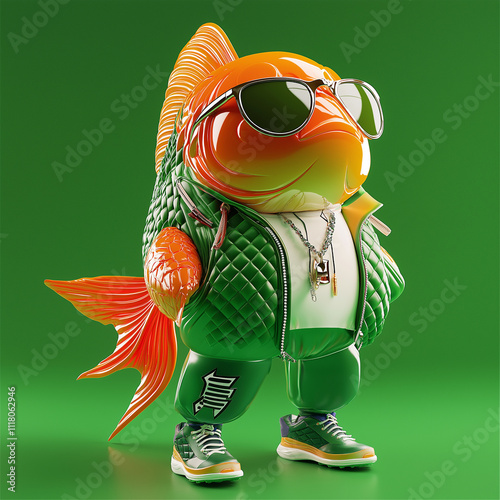 Süßer 3D-Fisch im Trainingsanzug mit cooler Sonnenbrille, stylisches Fußball-Maskottchen im modernen Cartoon-Animationsstil