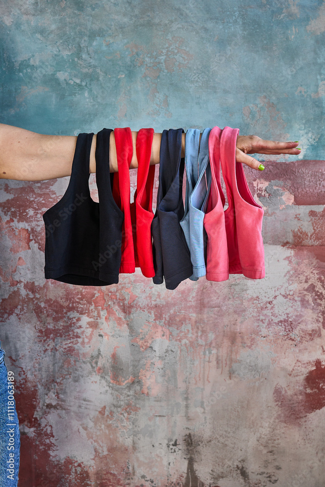 Woman's hand holding up different colored sports bras