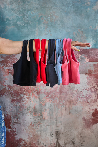 Obraz na płótnie Woman's hand holding up different colored sports bras w salonie