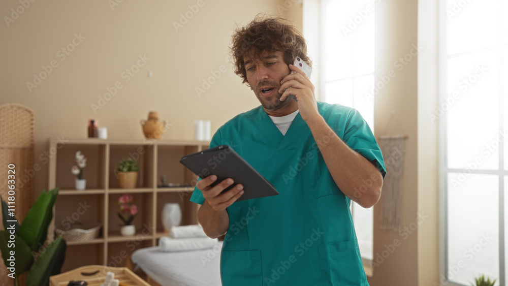 Young man wearing a teal scrub talking on phone and using tablet indoors at a spa or massage center with decor and therapy essentials Young man wearing a teal scrub talking on phone and using tablet indoors at a spa or massage center with decor and therapy essentials