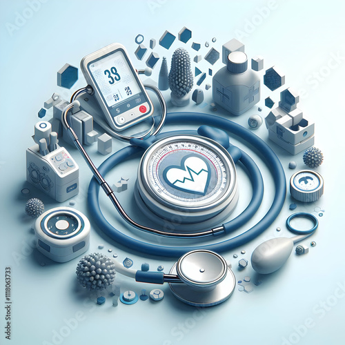 3D Macro image of telemedicine diagnostic tools copy space concept as Detailed macro image of telemedicine diagnostic tools such as digital stethoscopes and blood pressure monitors emphasizing precisi photo