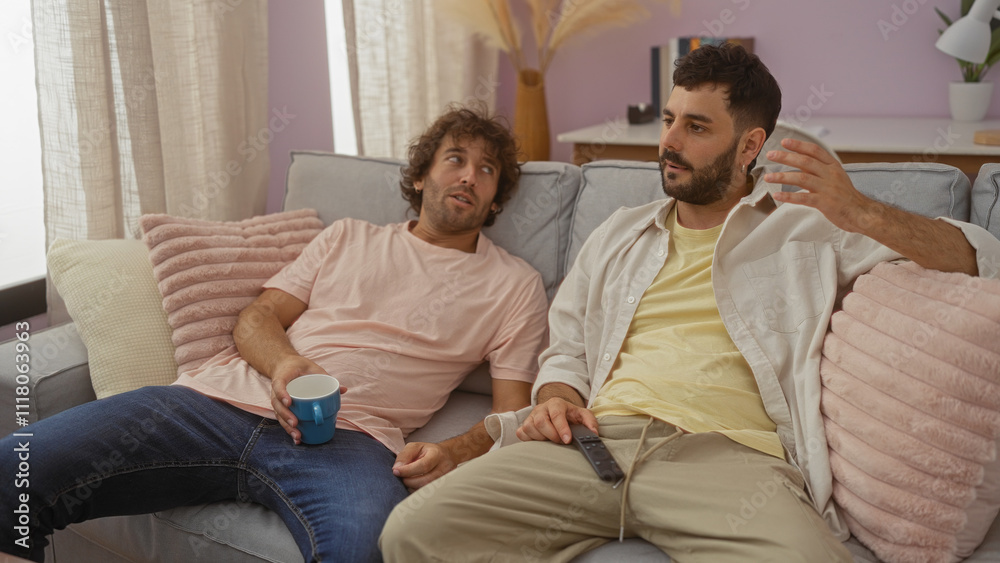 Men relaxing in living room at home, one holding remote, the other with a cup, talking casually on the couch with cozy pillows and soft light coming through the window Men relaxing in living room at home, one holding remote, the other with a cup, talking casually on the couch with cozy pillows and soft light coming through the window