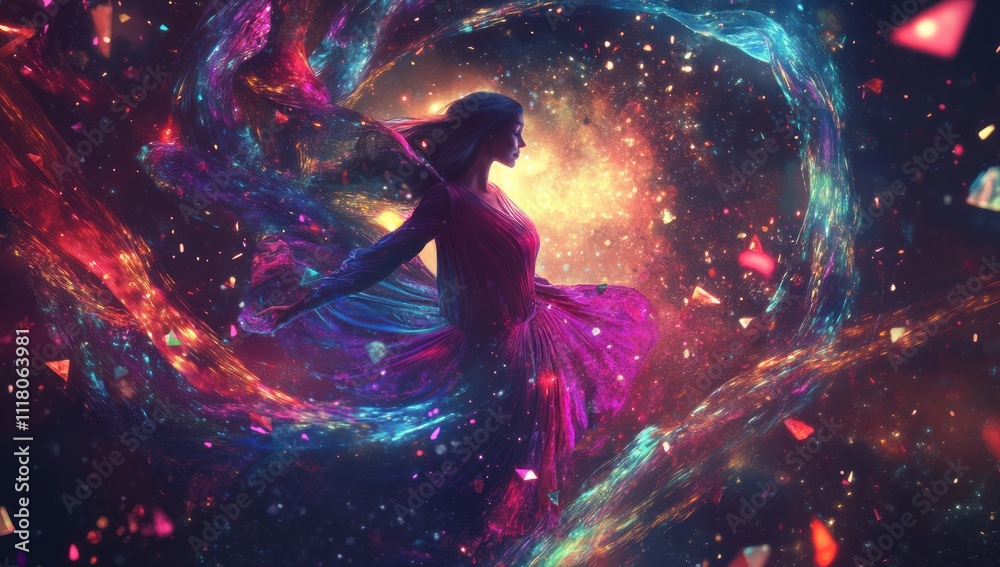 A Woman in a Red Dress Floating in a Universe of Light A Woman in a Red Dress Floating in a Universe of Light