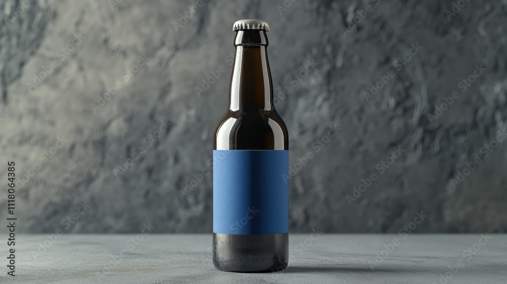 Blue beer bottle with an empty label for branding mockup, styled elegantly on a smooth grey surface Blue beer bottle with an empty label for branding mockup, styled elegantly on a smooth grey surface