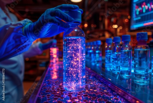 Scientific research innovation. A scientist in blue gloves holds a vial with glowing liquid, conducting research in a lab with other vials and a stock market chart in the background.