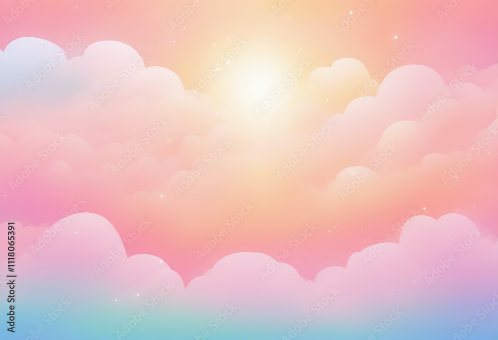 A dreamy and whimsical sky. The sky is filled with fluffy, pastel-colored clouds in shades of pink, blue, and yellow. A dreamy and whimsical sky. The sky is filled with fluffy, pastel-colored clouds in shades of pink, blue, and yellow.