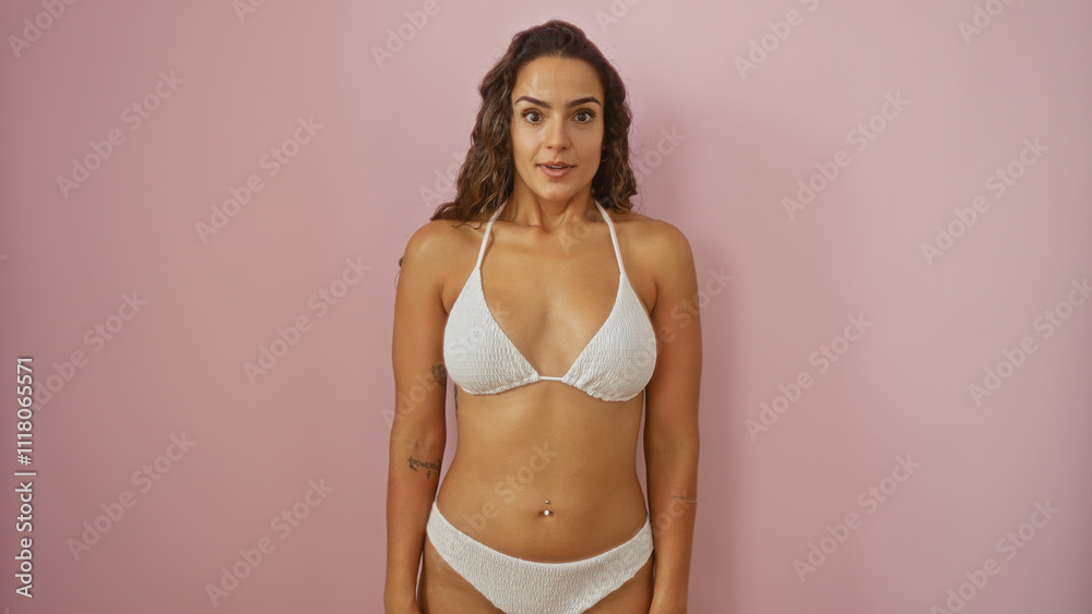 Fototapeta premium Young woman in a bikini standing over an isolated pink background, illustrating beauty, confidence, and a casual summer vibe