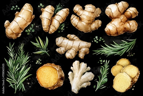 A watercolor illustration of ginger roots and herbs on a dark background.