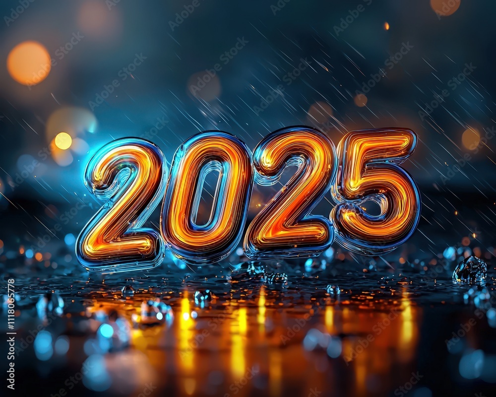 Neon 2025 Sign with Raindrops in a Dark Scene