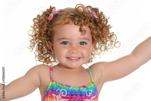 A young girl with curly hair and a colorful swimsuit is smiling