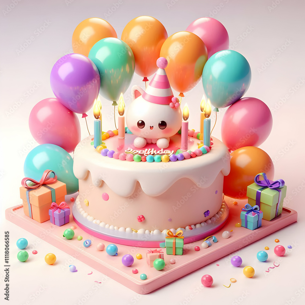 3D Macro shot of colorful balloons tied to a birthday cake copy space on side. concept as A vibrant macro shot of colorful balloons tied around a beautifully decorated birthday cake symbolizing festiv 3D Macro shot of colorful balloons tied to a birthday cake copy space on side. concept as A vibrant macro shot of colorful balloons tied around a beautifully decorated birthday cake symbolizing festiv