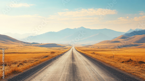 A long rural road stretches through golden fields toward distant mountains, under a clear blue sky, evoking a sense of adventure and tranquility.