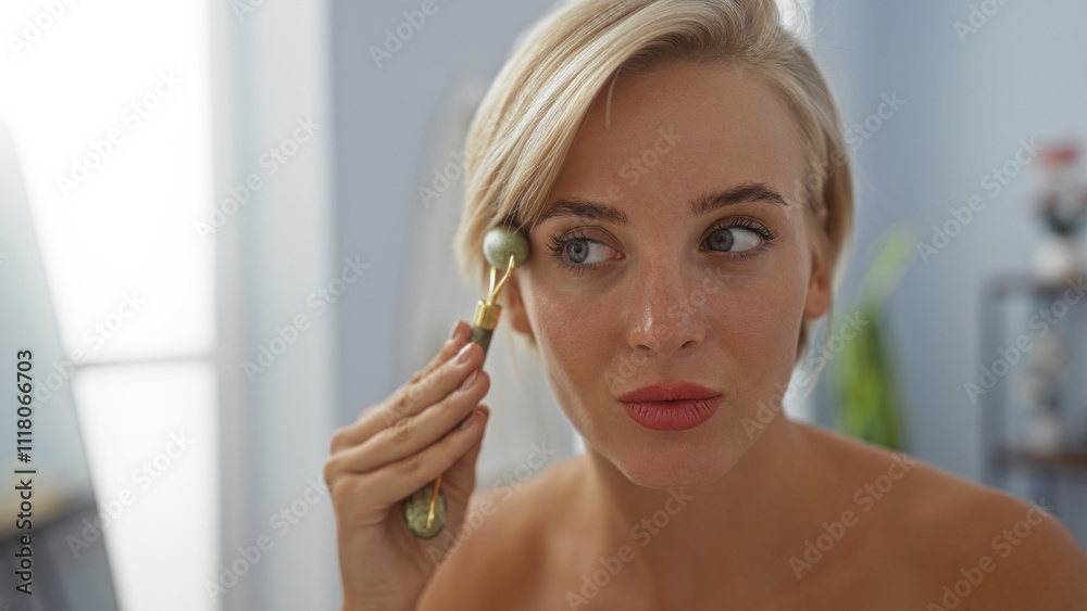 Woman using jade roller in spa room with short blonde hair, showcasing beauty and wellness practices in an indoor salon setting.