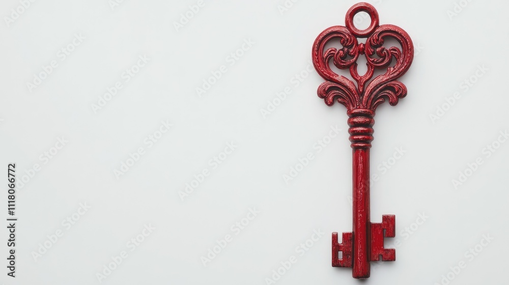 Detailed view of a red antique key with intricate design, isolated on a pristine white backdrop Detailed view of a red antique key with intricate design, isolated on a pristine white backdrop