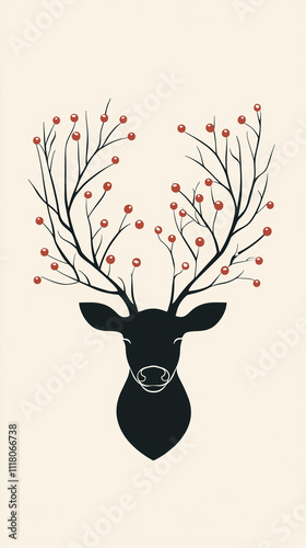 A reindeer silhouette with antlers decorated with small baubles, minimalist line-art design, greeting card, website banner photo