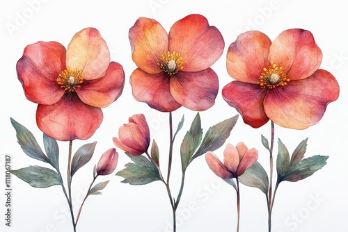 A watercolor illustration of vibrant flowers in various stages of bloom.