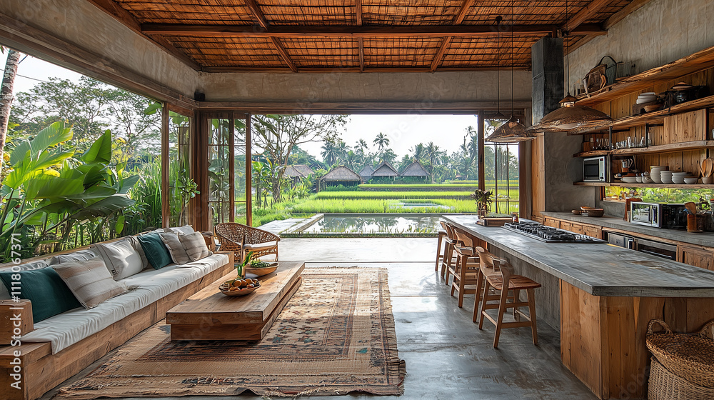 Fototapeta premium Tranquil Bali Villa Living Room: Open-plan design, rice paddy views, natural wood, and cozy seating create a serene atmosphere in this Balinese villa's living room. 