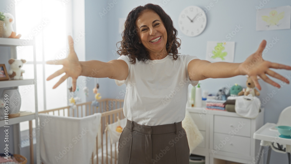 Woman smiling warmly in bedroom with baby cradle and toys, creating a cozy and inviting atmosphere Woman smiling warmly in bedroom with baby cradle and toys, creating a cozy and inviting atmosphere
