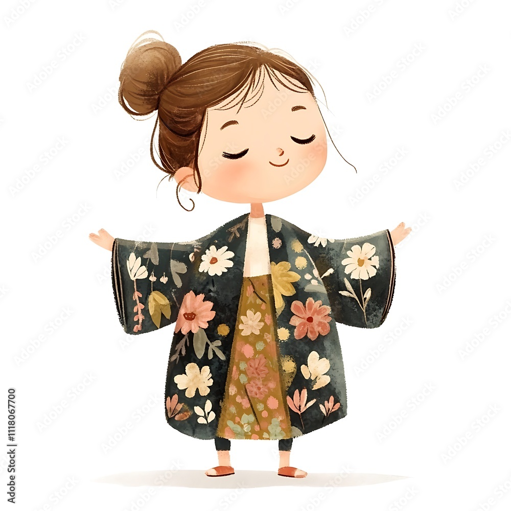 Cartoon young girl in a floral kimono-style cardigan on a white background. Cartoon young girl in a floral kimono-style cardigan on a white background.