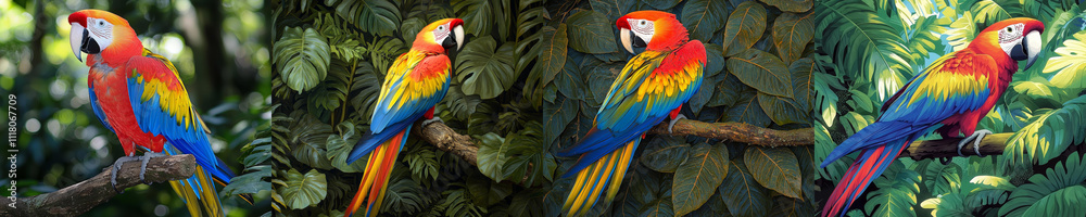 Fototapeta premium Animal kingdom rendering.Colorful macaws perched branches nature