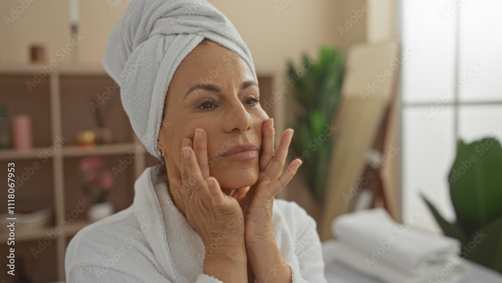 Mature woman in spa wearing bathrobe touching face with towel on head in serene indoor wellness center
