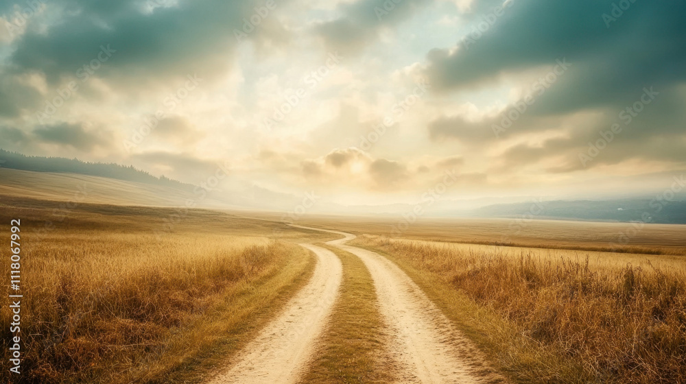 A serene dirt road winds through a golden wheat field under a dramatic cloudy sky, creating a peaceful and picturesque rural landscape at sunrise. A serene dirt road winds through a golden wheat field under a dramatic cloudy sky, creating a peaceful and picturesque rural landscape at sunrise.