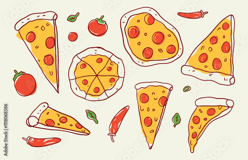 Italian Food Pepperoni Cheese Pizza Cute Drawing Cooking Food Vector Illustration Set