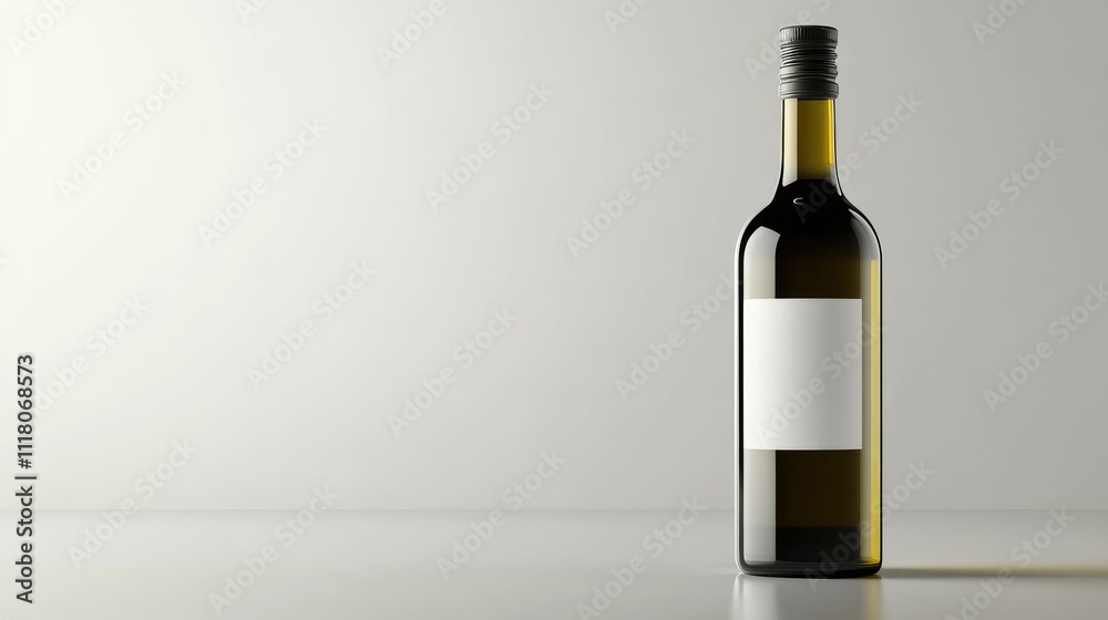 Minimalist product shot of an olive oil bottle with a white label mockup, set against a smooth grey background Minimalist product shot of an olive oil bottle with a white label mockup, set against a smooth grey background
