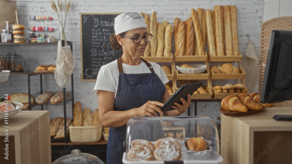 Woman working in bakery using tablet surrounded by bread and pastries with an interior shop setting Woman working in bakery using tablet surrounded by bread and pastries with an interior shop setting