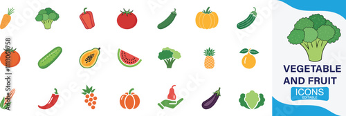 Vegetables and fruits icon set. Carrot, Cucumber, Sweet Pumpkin, Eggplant, Capsicum, Broccoli, You can easily change the color.