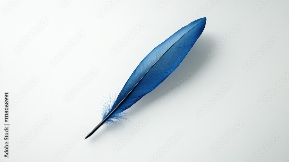 Minimalistic scene of a blue feather ink pen placed at a subtle angle on a crisp white background Minimalistic scene of a blue feather ink pen placed at a subtle angle on a crisp white background