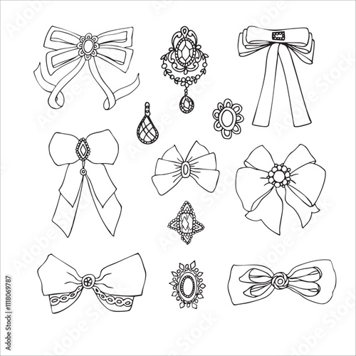 Set of bows with antique broches, female coquette style, doodle, vintage, retro. photo