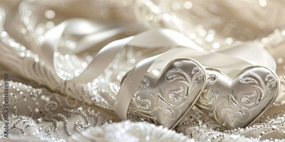 Elegant Wedding Decor Two Silver Hearts on Beaded Fabric Romantic Bridal Accessories Elegant Wedding Decor Two Silver Hearts on Beaded Fabric Romantic Bridal Accessories