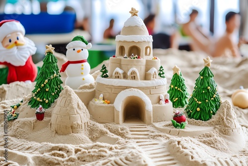 A festive sandcastle adorned with holiday decorations, showcasing creativity and seasonal cheer at the beach. photo