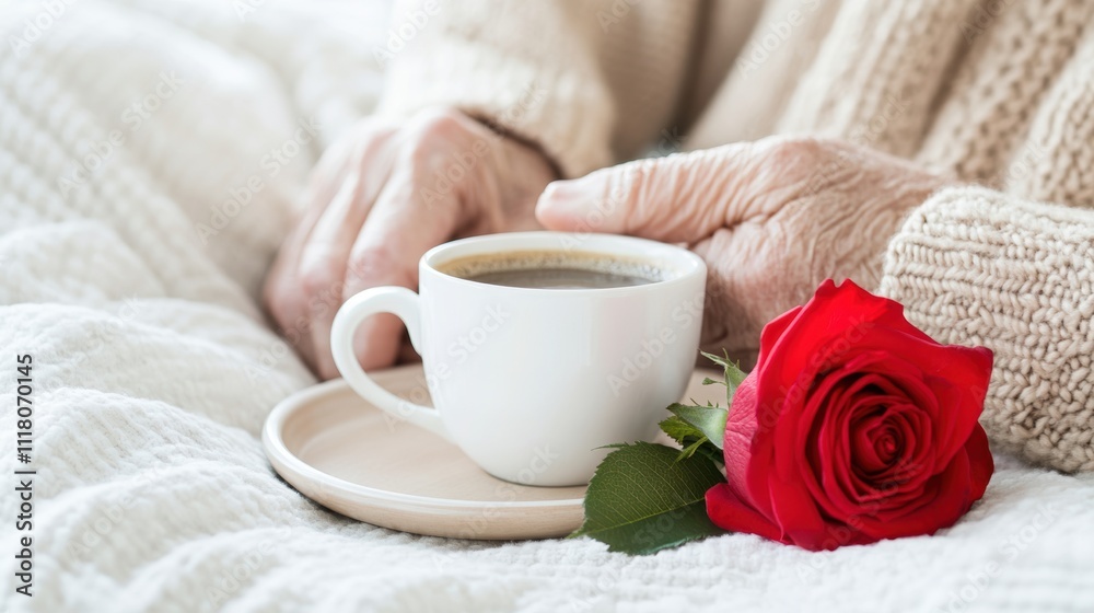 Senior adult woman holding a cup of coffee with a red rose: love through the years Senior adult woman holding a cup of coffee with a red rose: love through the years