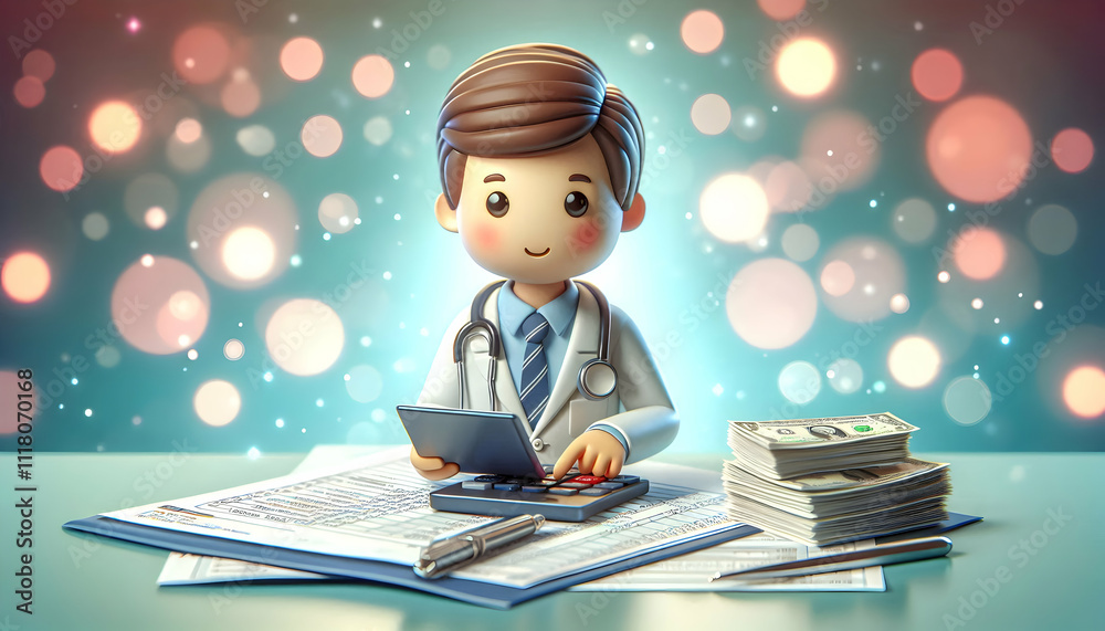 3D Medical billing specialist calculating costs on bokeh digital art background concept as Medical billing specialist calculating patient costs using a calculator and invoices on a desk with a bokeh d 3D Medical billing specialist calculating costs on bokeh digital art background concept as Medical billing specialist calculating patient costs using a calculator and invoices on a desk with a bokeh d