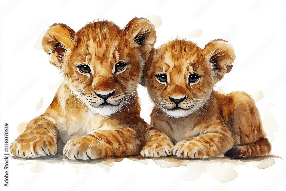 Two adorable lion cubs resting together, showcasing their playful and innocent nature. Two adorable lion cubs resting together, showcasing their playful and innocent nature.