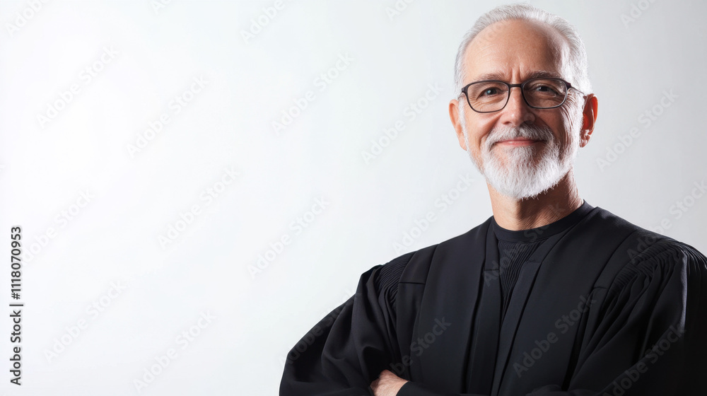 Wise older Caucasian male judge wearing black robe, smiling confidently with crossed arms against a light background. Wise older Caucasian male judge wearing black robe, smiling confidently with crossed arms against a light background.